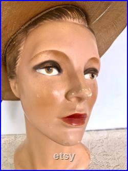 1930s Shop Display Head Mannequin Plaster Head Mannequin Hat Jewelry Display Flapper Style Milinery Stand Glamor Girl Smokey Eye