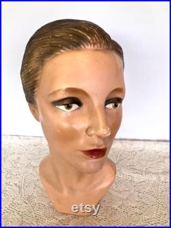 1930s Shop Display Head Mannequin Plaster Head Mannequin Hat Jewelry Display Flapper Style Milinery Stand Glamor Girl Smokey Eye
