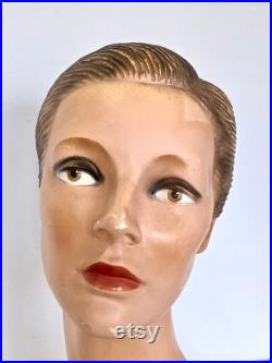 1930s Shop Display Head Mannequin Plaster Head Mannequin Hat Jewelry Display Flapper Style Milinery Stand Glamor Girl Smokey Eye