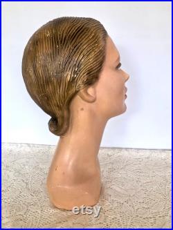 1930s Shop Display Head Mannequin Plaster Head Mannequin Hat Jewelry Display Flapper Style Milinery Stand Glamor Girl Smokey Eye