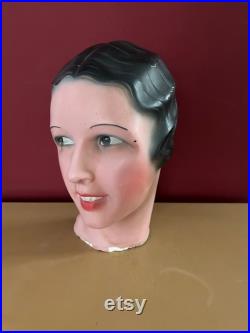 1960s French Vintage female mannequin head. Mannequin display. Millinery stand. Shop display.Art Deco style. Plaster sculpture. Statue