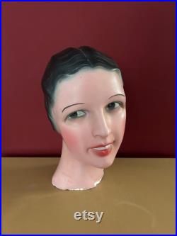 1960s French Vintage female mannequin head. Mannequin display. Millinery stand. Shop display.Art Deco style. Plaster sculpture. Statue