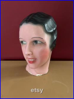 1960s French Vintage female mannequin head. Mannequin display. Millinery stand. Shop display.Art Deco style. Plaster sculpture. Statue