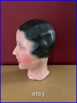 1960s French Vintage female mannequin head. Mannequin display. Millinery stand. Shop display.Art Deco style. Plaster sculpture. Statue