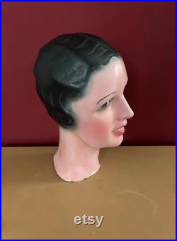 1960s French Vintage female mannequin head. Mannequin display. Millinery stand. Shop display.Art Deco style. Plaster sculpture. Statue