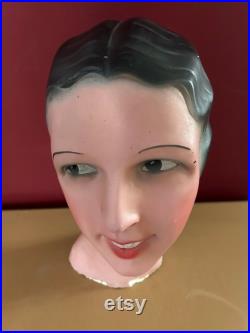 1960s French Vintage female mannequin head. Mannequin display. Millinery stand. Shop display.Art Deco style. Plaster sculpture. Statue