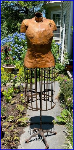 19th Century NY Dress Form Cage Base Paper Mache Torso Cast Iron Stand. Shipping NOT included. Ask for a quote.