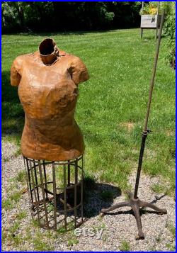 19th Century NY Dress Form Cage Base Paper Mache Torso Cast Iron Stand. Shipping NOT included. Ask for a quote.