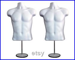 2 Pack Male Mannequin Torso with Stand Dress Form Tshirt Display Countertop Hollow Back Body S-M Clothing Sizes White