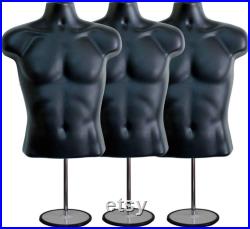 3 Pack Male Mannequin Torso with Stand Dress Form Tshirt Display Countertop Hollow Back Body S-M Clothing Sizes Black