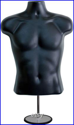 3 Pack Male Mannequin Torso with Stand Dress Form Tshirt Display Countertop Hollow Back Body S-M Clothing Sizes Black