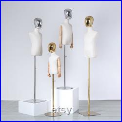 4 Ages Adjustable Gold Base Gold Mannequin Head White Linen Unisex Child Mannequin Dress Form Hayden