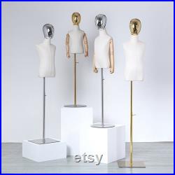 4 Ages Adjustable Gold Base Gold Mannequin Head White Linen Unisex Child Mannequin Dress Form Hayden