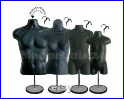 4 Mannequins a Family Torso Dress Body Form Set Black with 4 Hangers 4 Stands
