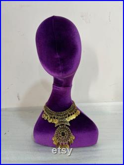 50cm(19.68inch) Tall Free Standing Purple Velvet Female Mannequin Head for Turban Display Millinery Display