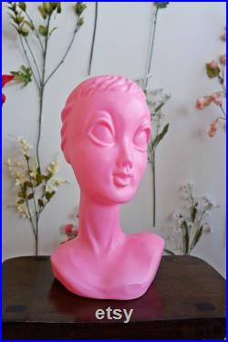 70s Hot Pink Twiggy Mannequin Display Head Bust Retro Rare Unique Wig Hat Display Head MOD GOGO Hair Salon Head Mannequin
