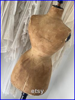 ANTIQUE Original vintage tailor doll Mannequin de Couture wasp waist Gr. S old linen torso wooden base Paris France 1900