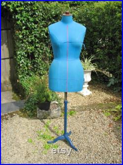 A Very Good Vintage French Blue Bodied Cleo Paris Female Mannequin Dress Form On Original Blue Cast Iron Stand