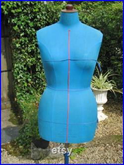 A Very Good Vintage French Blue Bodied Cleo Paris Female Mannequin Dress Form On Original Blue Cast Iron Stand