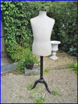 A Very Good Vintage French White Bodied Male Mannequin Sewing Form Display Stand On Original Wooden Height Adjustable Stand