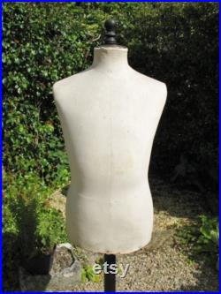 A Very Good Vintage French White Bodied Male Mannequin Sewing Form Display Stand On Original Wooden Height Adjustable Stand