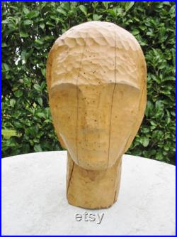 A Very Rare And Unusual First Stage Hand Carved Vintage French Wooden Mannequin Head Wig Display Stand Hat block Former 1800s