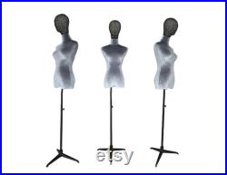 Adjustable Black Tripod Base Gray Velvet Black Wire Head Female Mannequin Dress Form Gabriela