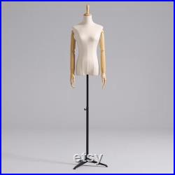 Adjustable Black Tripod Base Natural Linen Female Mannequin Dress Form Mary