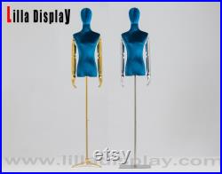 Adjustable Gold Base Blue Velvet Female Mannequin Dress Form Torso Maria