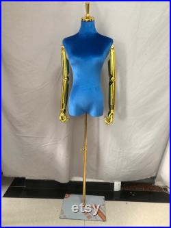 Adjustable Gold Base Blue Velvet Female Mannequin Dress Form Torso Maria