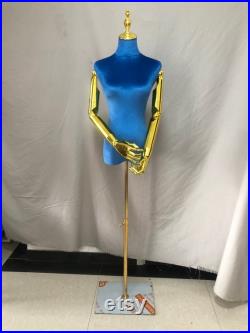 Adjustable Gold Base Blue Velvet Female Mannequin Dress Form Torso Maria