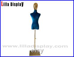 Adjustable Gold Base Gold Head Blue Velvet Female Mannequin Dress Form Carla