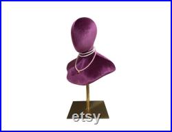 Adjustable Gold Base Purple Velvet Female Mannequin Bust Stand with Head Rose