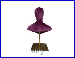 Adjustable Gold Base Purple Velvet Female Mannequin Bust Stand with Head Rose