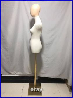 Adjustable Gold Base Wooden Mannequin Head Linen Female Mannequin Dress Form Laura