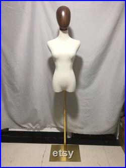 Adjustable Gold Base Wooden Mannequin Head Linen Female Mannequin Dress Form Laura