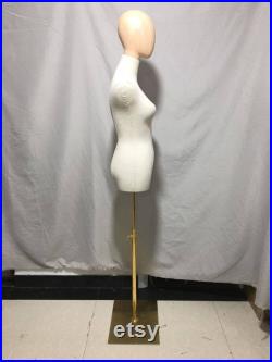 Adjustable Gold Base Wooden Mannequin Head Linen Female Mannequin Dress Form Laura