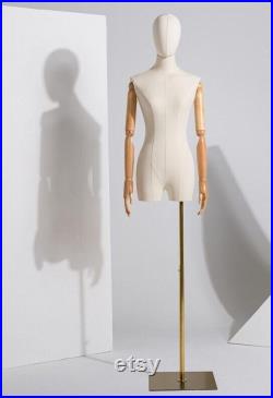 Adjustable Gold Square Base Wooden Arms Natural Linen Female Mannequin Dress Form Nadia