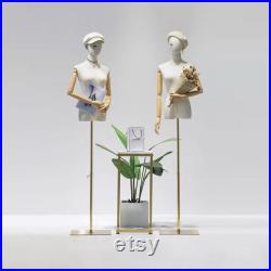 Adjustable Height Canvas Female Mannequin,Half Body Mannequin with Golden Metal Base,Adult Women Torso Dress Form for Clothes Display