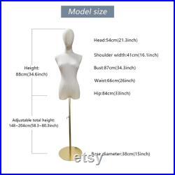 Adjustable Height Canvas Female Mannequin,Half Body Mannequin with Golden Metal Base,Adult Women Torso Dress Form for Clothes Display