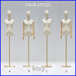 Adjustable Height Canvas Female Mannequin,Half Body Mannequin with Golden Metal Base,Adult Women Torso Dress Form for Clothes Display