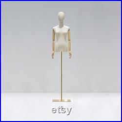 Adjustable Height Canvas Female Mannequin,Half Body Mannequin with Golden Metal Base,Adult Women Torso Dress Form for Clothes Display