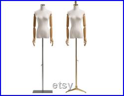 Adjustable Silver Base Natural Linen Female Mannequin Dress Form with Wooden Articulated Arms Nancy