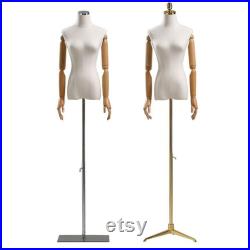 Adjustable Silver Base Natural Linen Female Mannequin Dress Form with Wooden Articulated Arms Nancy