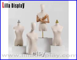 Adjustable Tabletop 35cm Gold Base Natural Wooden Articulated Arms Natural Linen Female Dress Form Mina