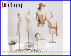 Adjustable Tabletop 35cm Gold Base Natural Wooden Articulated Arms Natural Linen Female Dress Form Mina