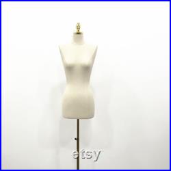 Adjustable Tripod Gold Base Natural Linen Female Mannequin Torso Dress Form Angie For Wedding Dress Display