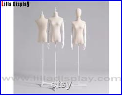 Adjustable White Tripod Base Natural Linen Female Dress Form Miranda with White Articulated Arms Miranda