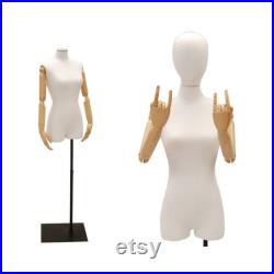 Adult Female Dress Form Mannequin 3 4 White Linen Torso with Removable Egg Head and Flexible Arms and Fingers with Base F1WLARM