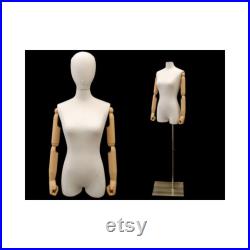 Adult Female Dress Form Mannequin 3 4 White Linen Torso with Removable Egg Head and Flexible Arms and Fingers with Base F1WLARM